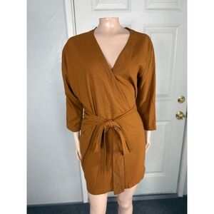 OR Women's Raw Silk Dress S/M Wrap Tie Caramel Brown 3/4 Sleeve V neck A13